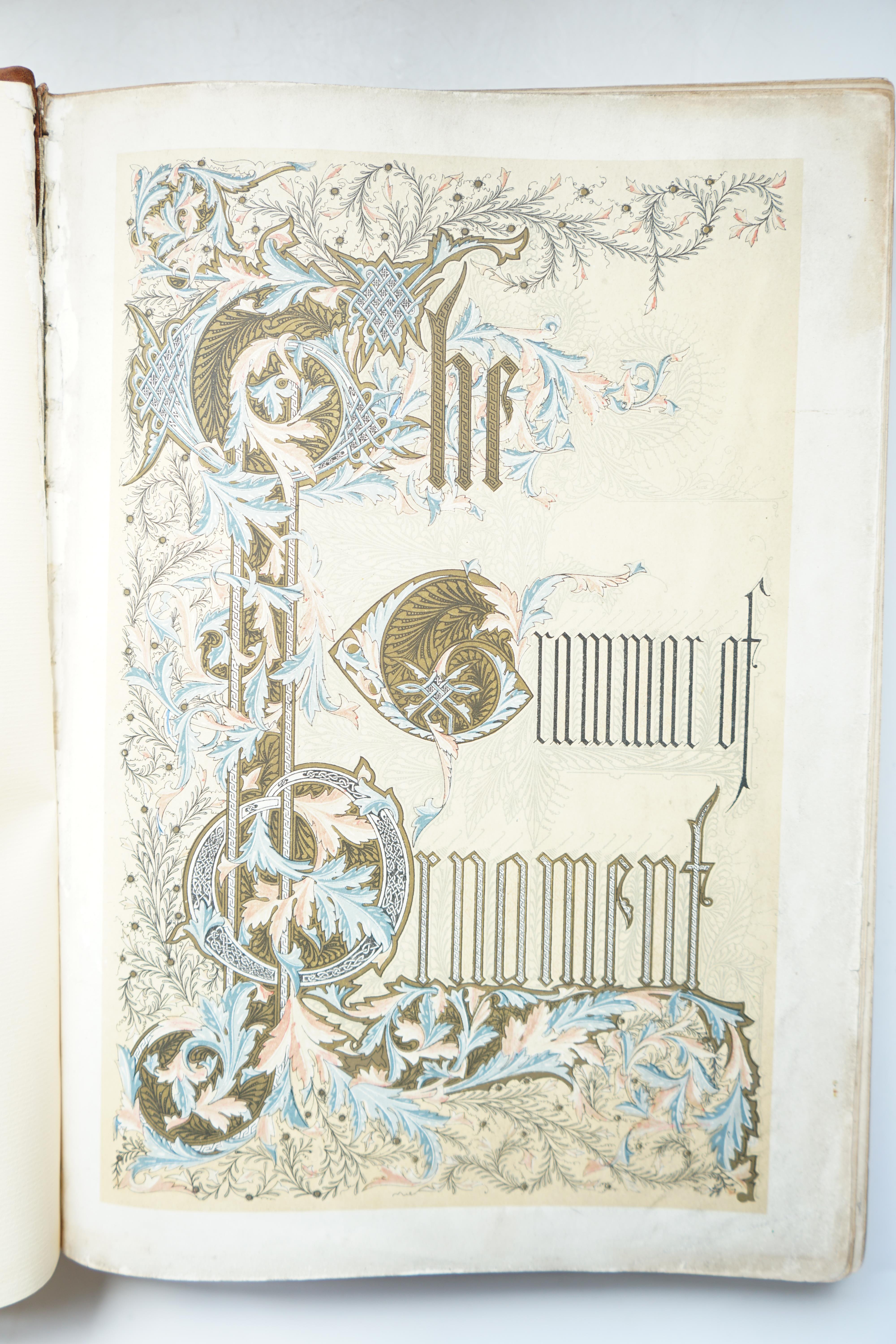 Jones, Owen - The Grammar of Ornament, chromolithograph title, 111 tissue guarded plates, text-illustrations, renewed half calf with marbled boards, renewed labels and endpapers, Bernard Quaritch, London, 1868.